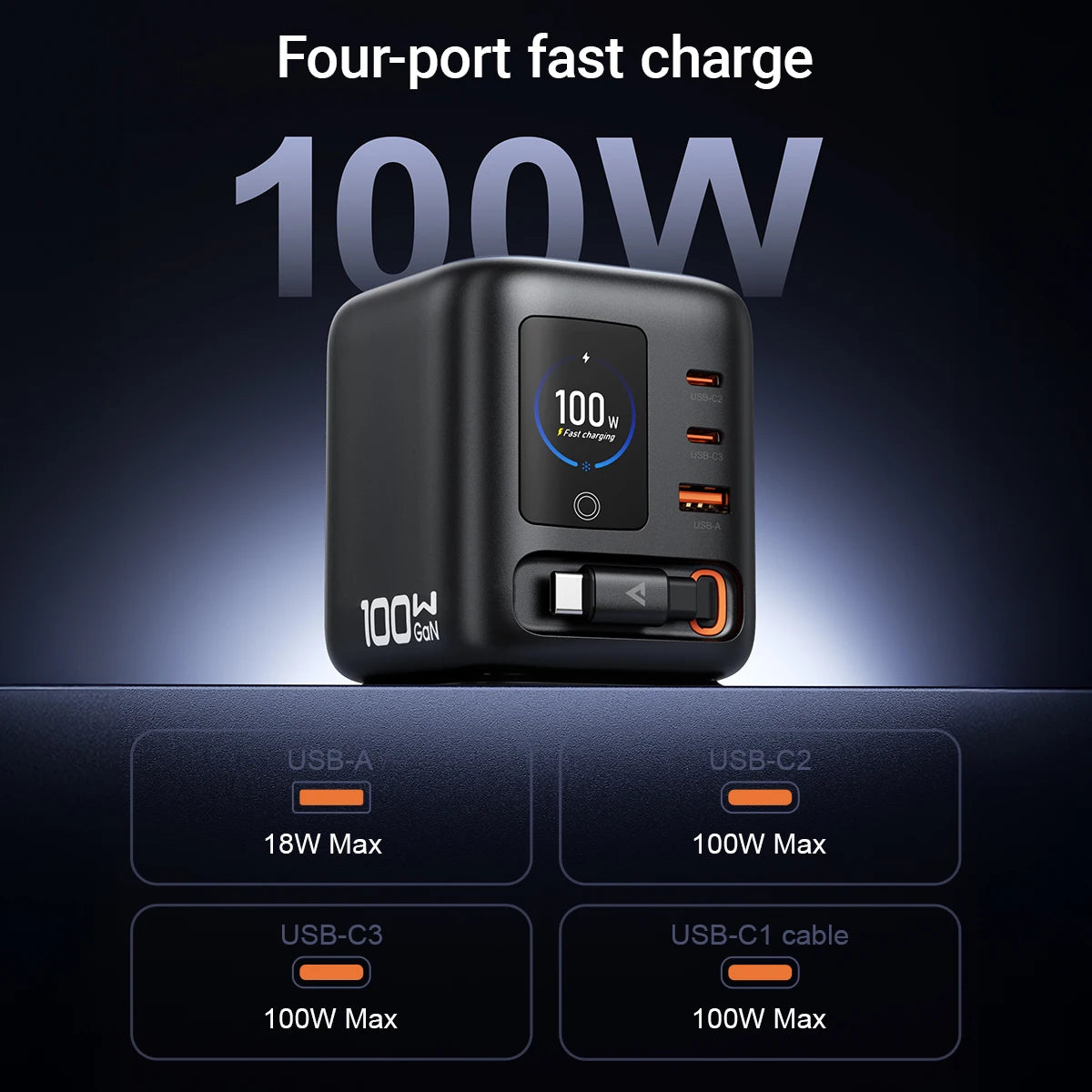 Aetriva™ PowerHub 100W GaN Desktop Charger with Smart TFT Screen
